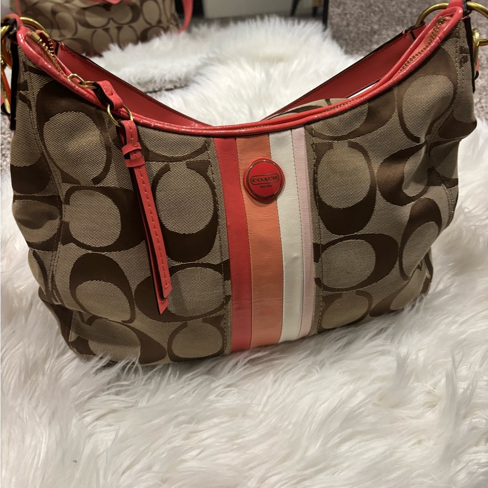 👜 Coach Signature Stripe Shoulder Bag – Coral & Pink Accent